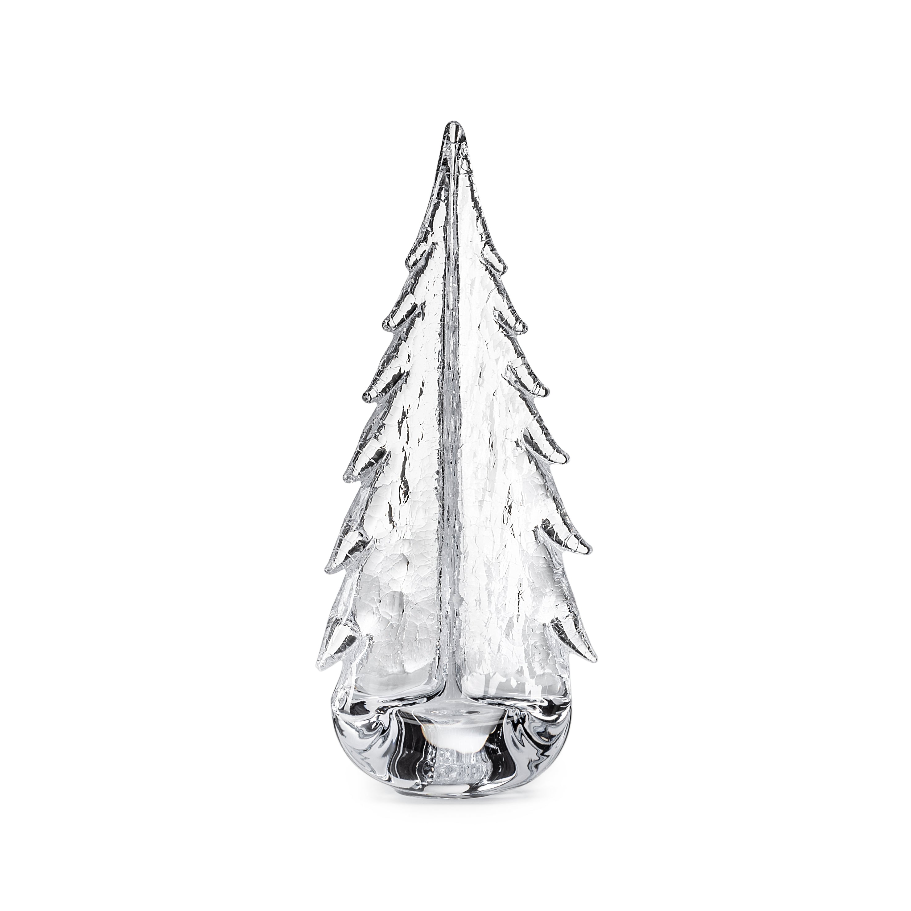 Clear glass evergreen tree figurine with textured branch details and rounded base.