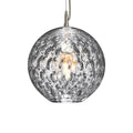 Clear glass pendant with textured organic pattern and brushed metal hardware, suspended by gray cord.