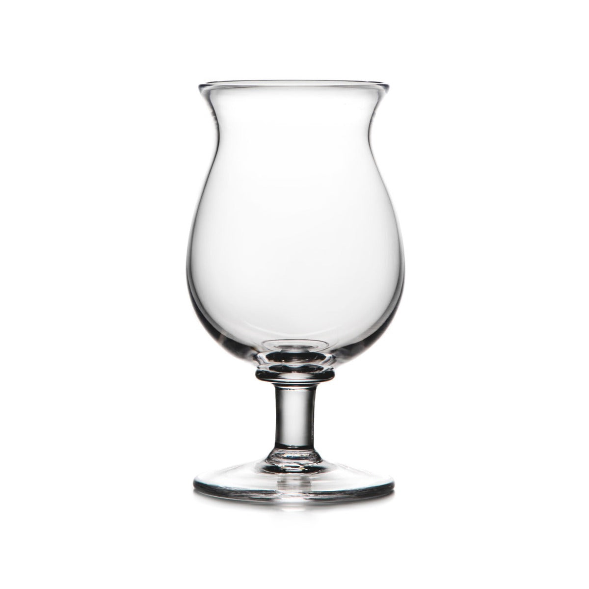 Clear glass tulip-shaped goblet with stem and pedestal base on white background.