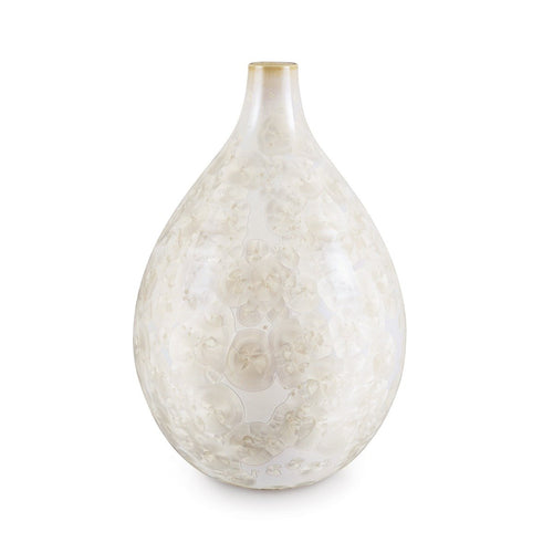 Clear teardrop-shaped vase with white frosted texture and gold-toned rim.