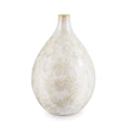 White teardrop-shaped vase with textured crystalline surface and gold-toned rim.