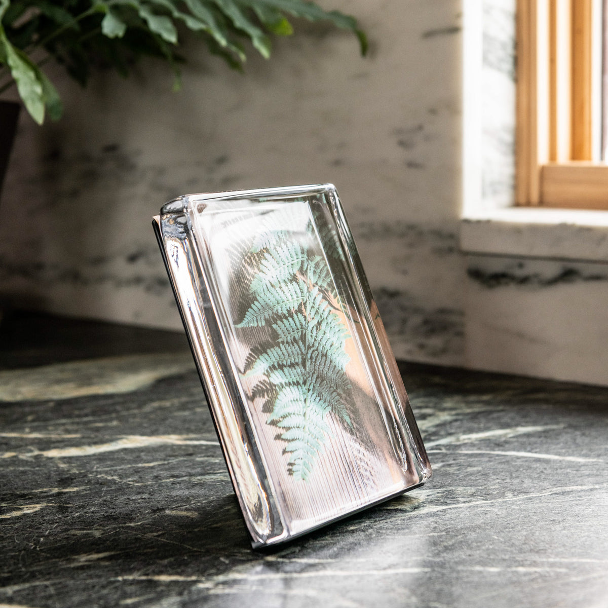 Clear acrylic vertical photo block displaying fern leaf photograph in portrait orientation.