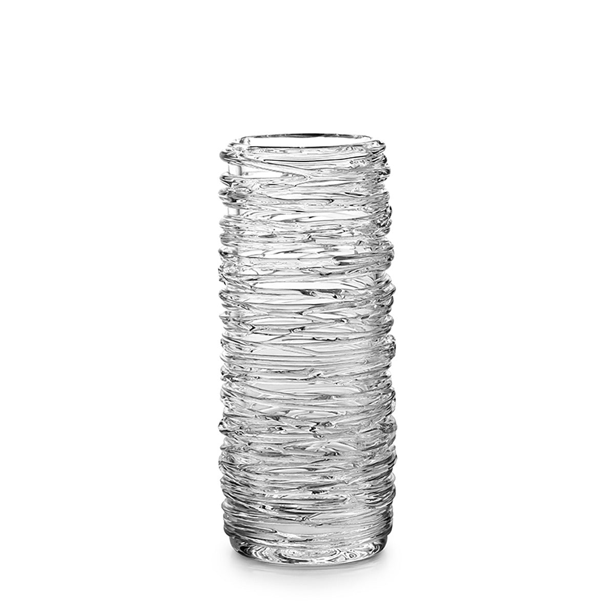 Clear glass cylinder vase with horizontal textured bands throughout.