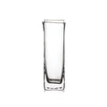 Clear glass bud vase with tall, straight rectangular shape and thick base.