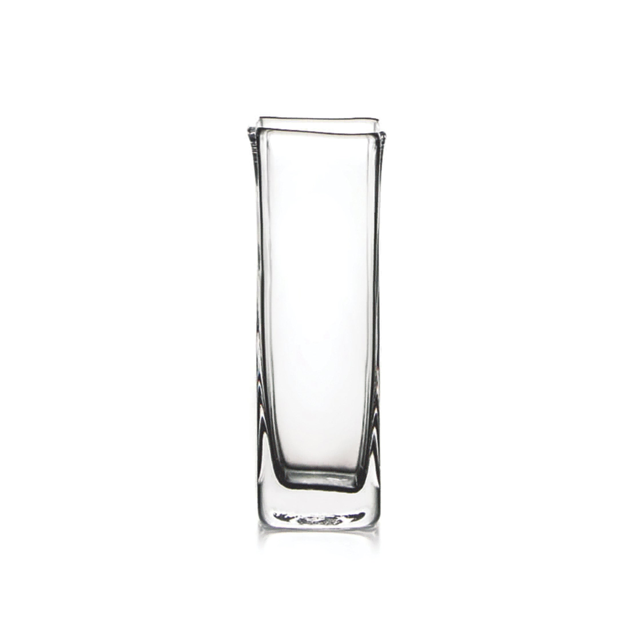Clear glass bud vase with tall, straight rectangular shape and thick base.