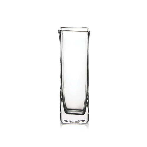 Clear glass bud vase with tall, straight rectangular shape and thick base.