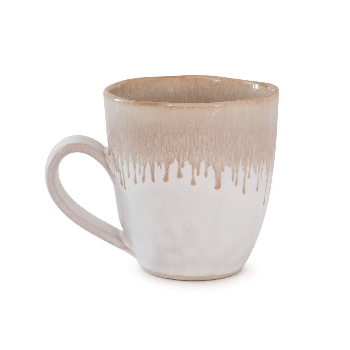 Ceramic mug with bluff glaze featuring tan drip pattern on upper half and white lower half.