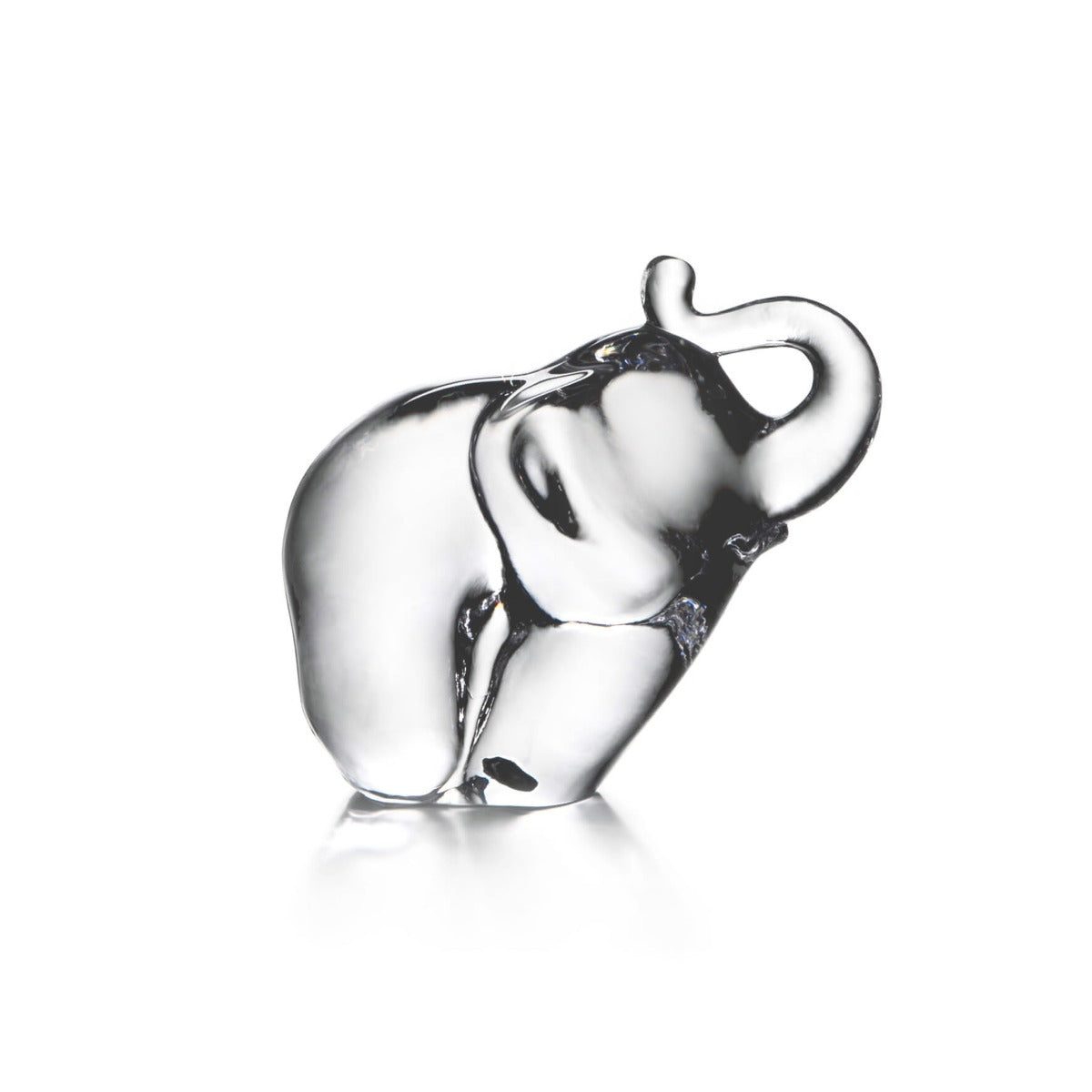 Clear glass elephant figurine with raised trunk and black decorative details on body.