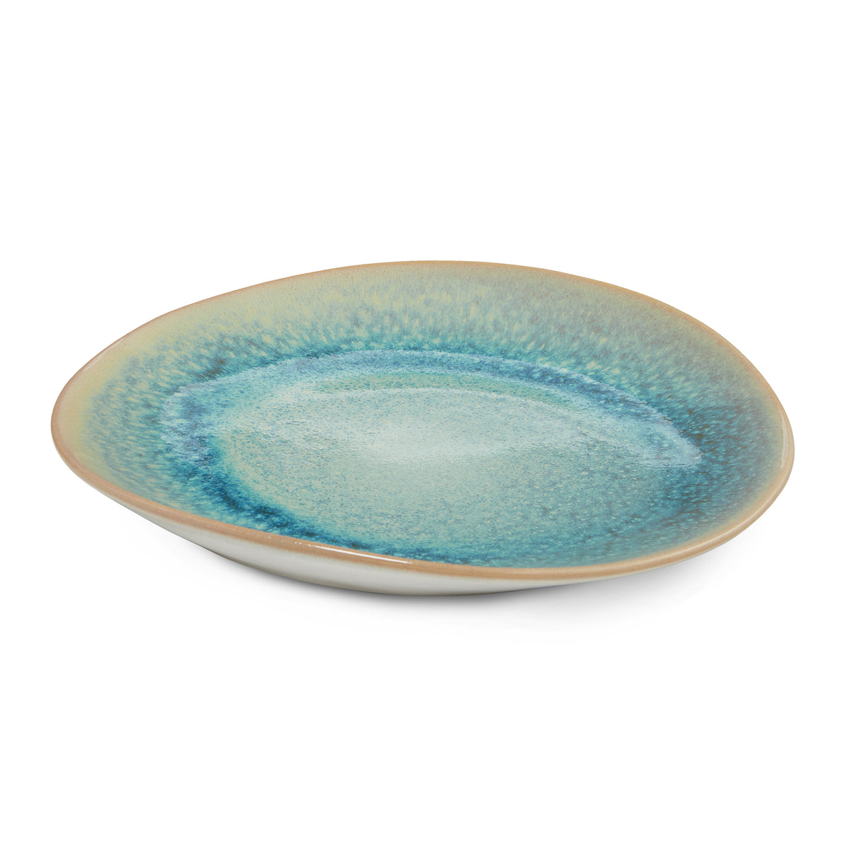 Ceramic side plate with lagoon blue glaze and natural rim, shallow curved bowl shape.