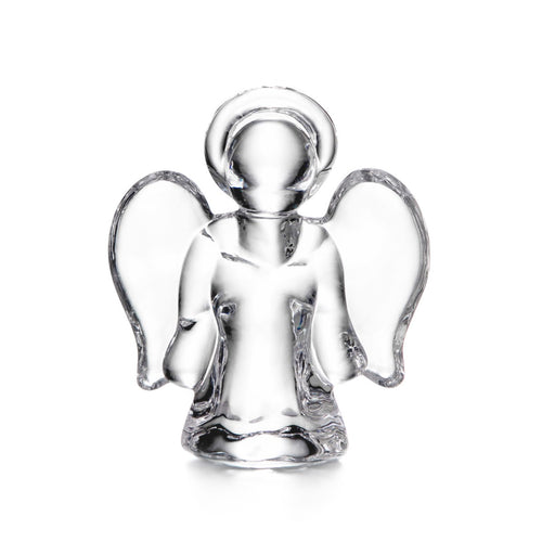Clear glass angel figurine with halo and wings, small size.