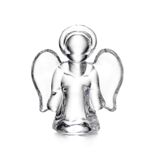 Clear glass angel figurine with halo and wings, small size.