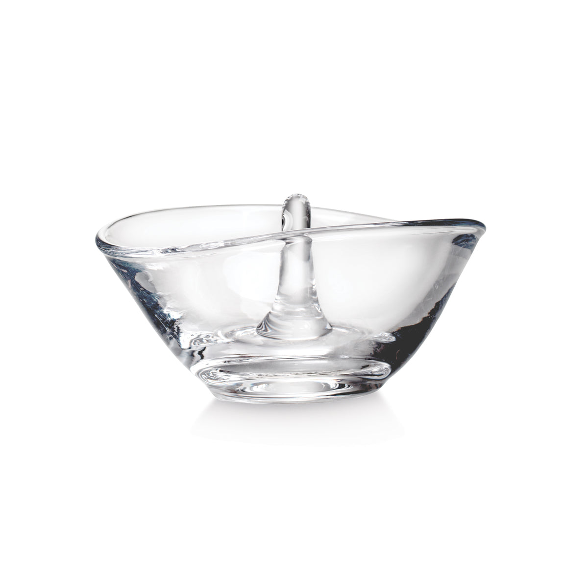 Clear glass ring holder with a central pedestal post and wide curved bowl base.