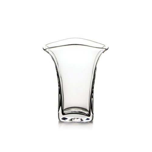 Clear glass tumbler with flared rim and curved sides tapering toward a squared base.