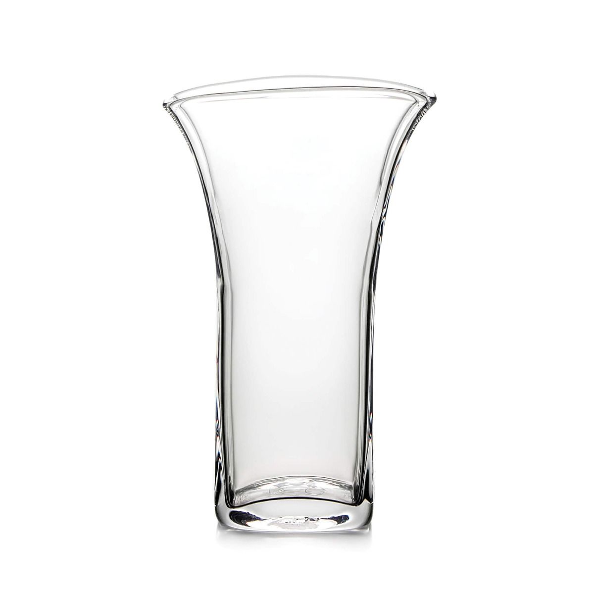 Clear glass vase with curved sides and flared rim, tapered at the base.