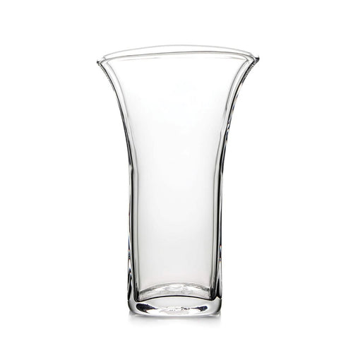 Clear glass vase with curved sides and flared rim, tapered at the base.