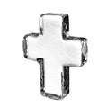 Clear glass cross with frosted center and dark textured edges, standing upright against white background.