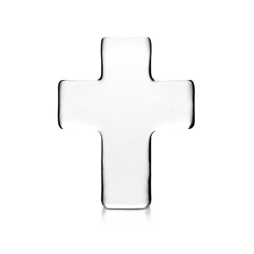 Clear glass cross with rounded edges and curved inward sides on white background.