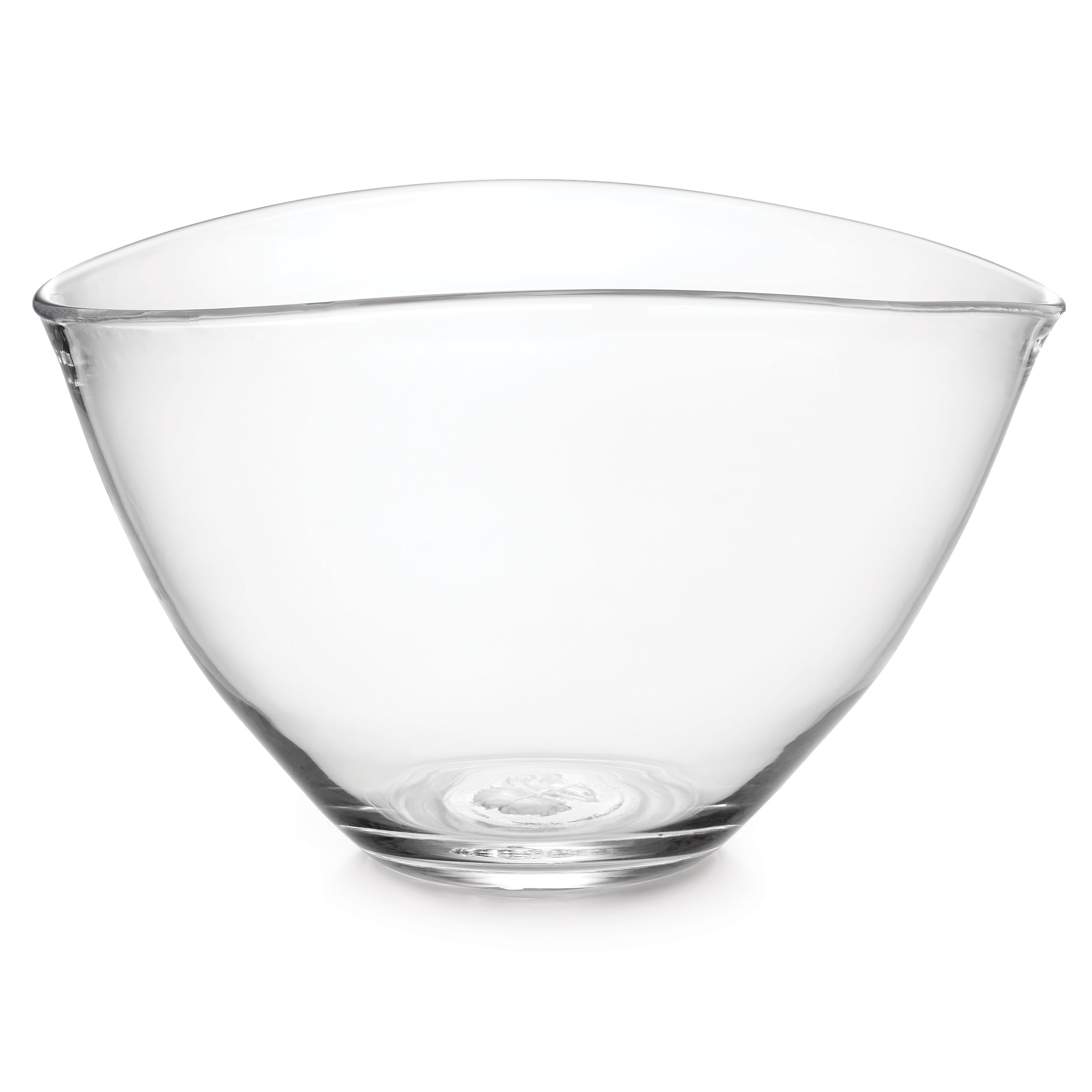 Clear glass bowl with curved sides and a wide rim, viewed from the front.