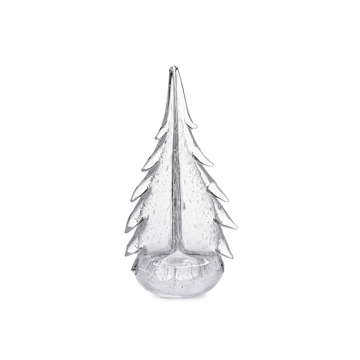 Clear glass evergreen tree-shaped candle with textured surface and rounded base.