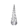 Silver-toned decorative evergreen tree with pointed top and tiered branch design on rounded base.