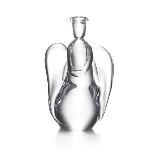 Clear glass angel figurine with wings and a cylindrical neck, 9 inches tall.