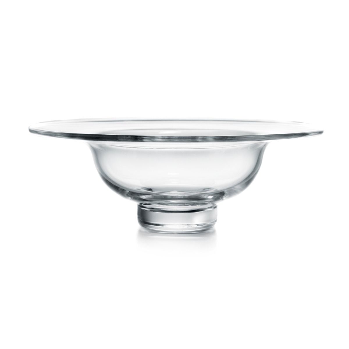 Clear glass bowl with wide flared rim and pedestal base.