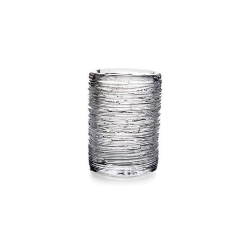 Clear glass tumbler with horizontal textured ridges throughout the exterior.