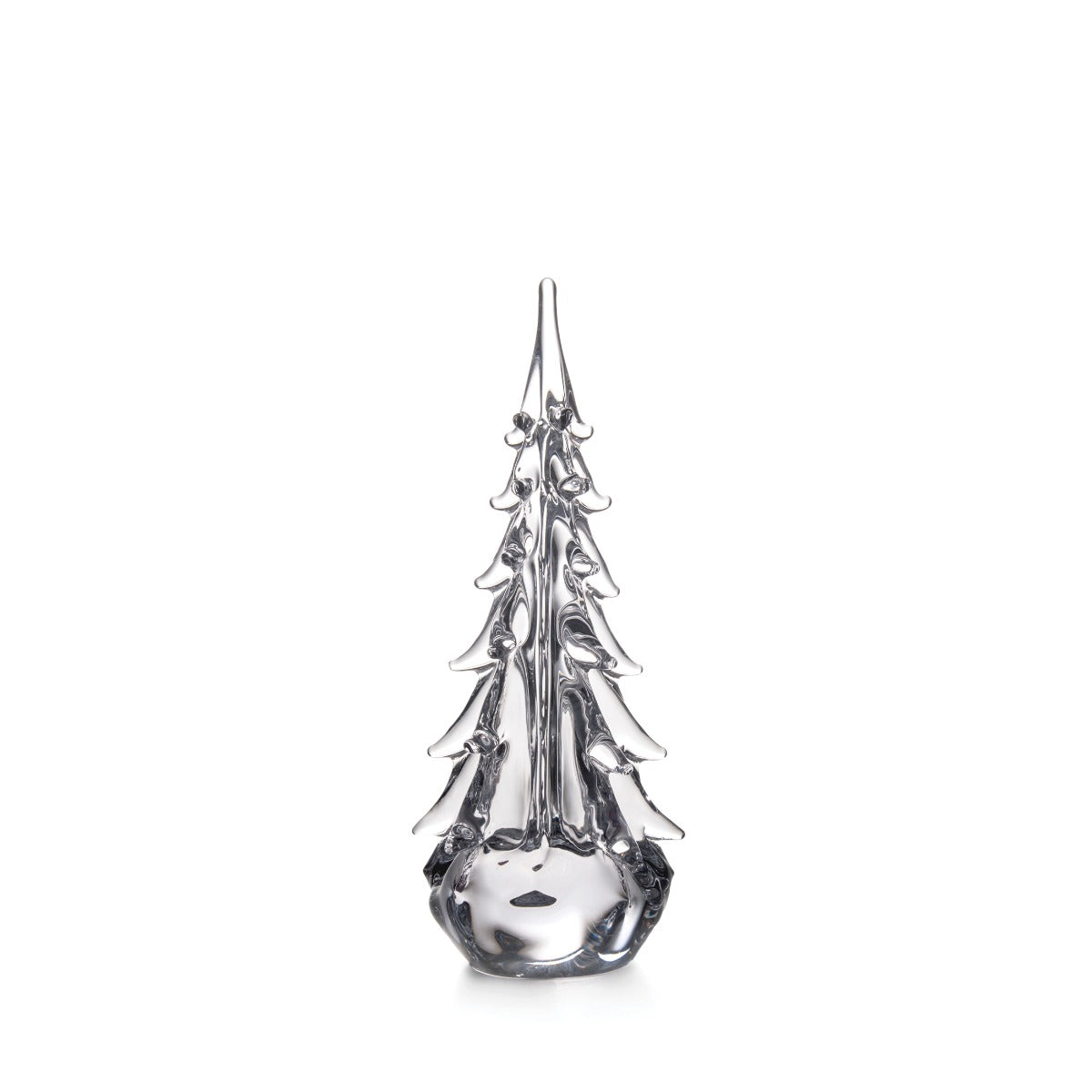Clear glass evergreen tree figurine with pointed top and dimensional branches, approximately 14 inches tall.