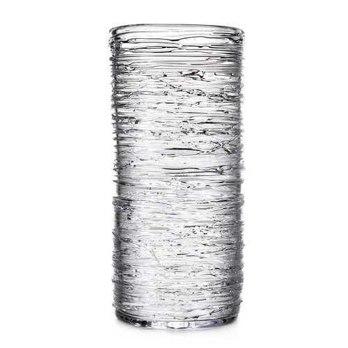 Clear glass cylindrical vase with horizontal textured bands throughout.