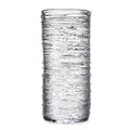 Clear glass cylindrical vase with horizontal textured bands and dark streaks throughout.