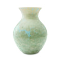 Jade-colored crystalline vase with speckled texture and blue veining throughout, bulbous body with flared rim.