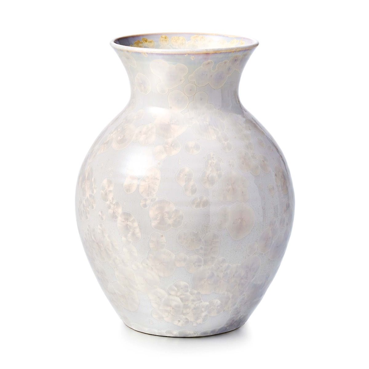White ceramic vase with crystalline texture and floral pattern, wide rounded body tapering to narrow neck with flared rim.