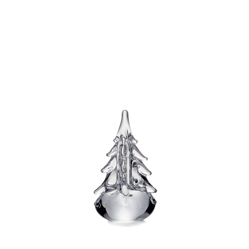 Clear glass evergreen tree figurine with pointed top and faceted branches on rounded base.