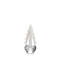 Clear glass decorative tree with frosted evergreen branches and a water-filled base.