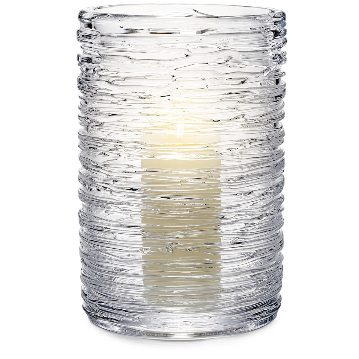 Clear textured glass hurricane vase with horizontal ridged pattern and cream-colored interior coating.