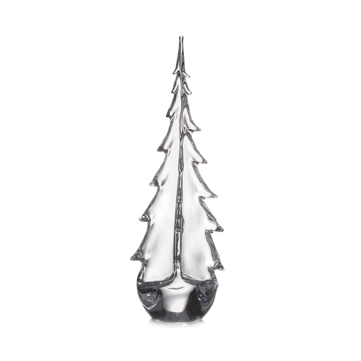 Clear glass evergreen tree figurine with pointed top and layered branches on dark base.