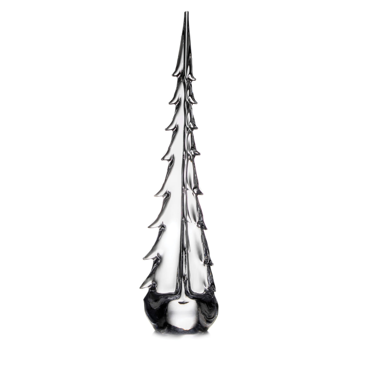 Tall silver evergreen tree sculpture with tiered branches and pointed top on rounded base.