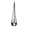 Tall metallic evergreen tree figurine with tiered branch design and pointed top on round base.