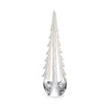 White frosted evergreen tree-shaped decoration with tiered branches and clear glass teardrop base.