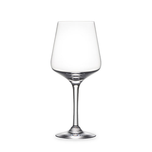 Clear glass wine glass with tapered bowl, thin stem, and circular base.