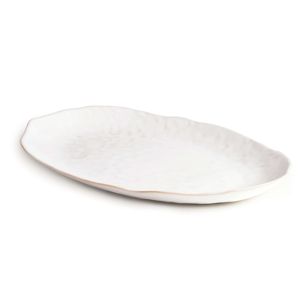 Large white oval ceramic platter with subtle texture and natural tan rim.