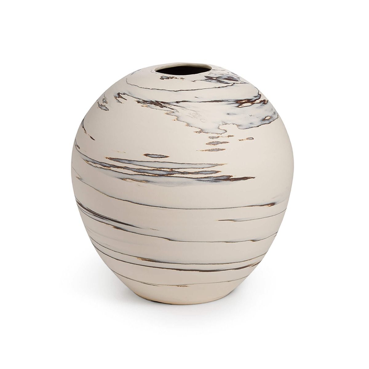 Sand-colored round ceramic vase with horizontal charcoal striped pattern and circular opening at top.