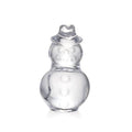 Clear glass snowman figurine with stacked spheres, scarf detail, and top hat.