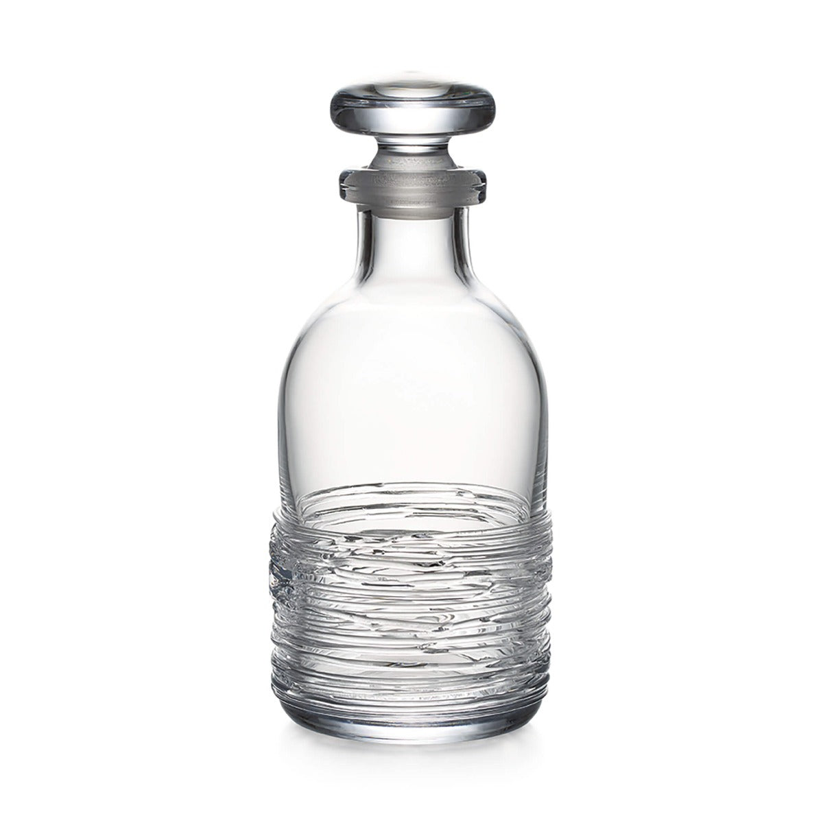 Clear glass decanter with rounded stopper and horizontal textured band around lower portion.