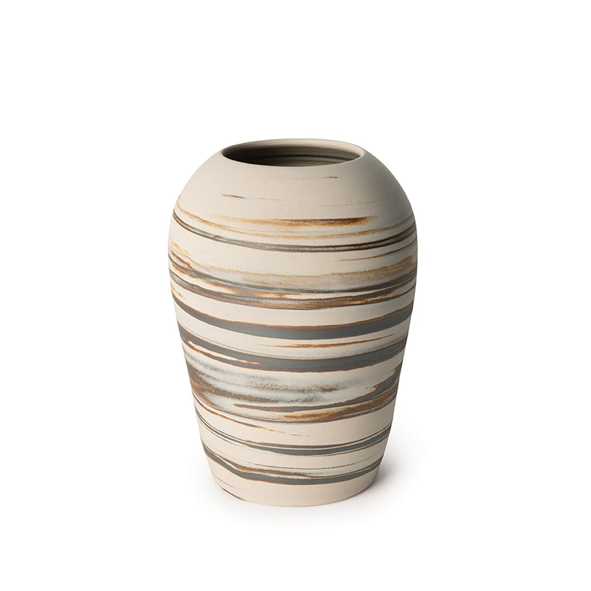 Sand-colored ceramic vase with horizontal striped pattern in gray and tan tones.