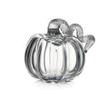 Clear glass pumpkin-shaped container with ridged body and twisted handle on top.