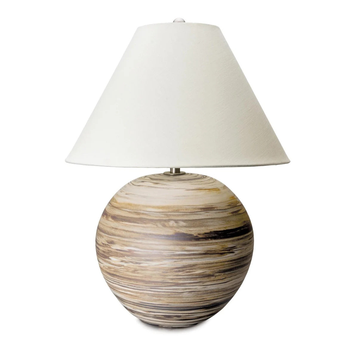 Round lamp with striped beige and tan stone base topped with cream linen shade.