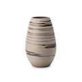 Sand-colored tall vase with horizontal dark and gold stripe bands throughout the body.