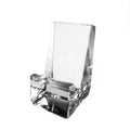 Clear acrylic phone holder with angled back panel and horizontal slot for device placement.