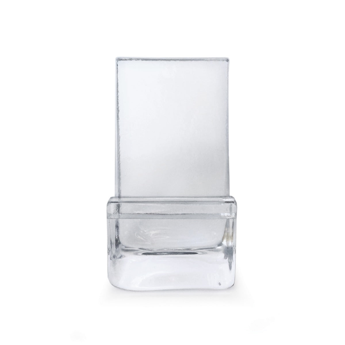 Clear acrylic phone holder with angled back panel and curved base slot for device support.